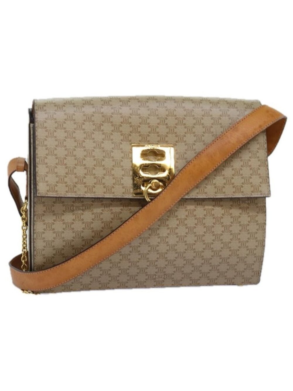 Authentic CELINE Macadam Canvas Shoulder Bag Beige
